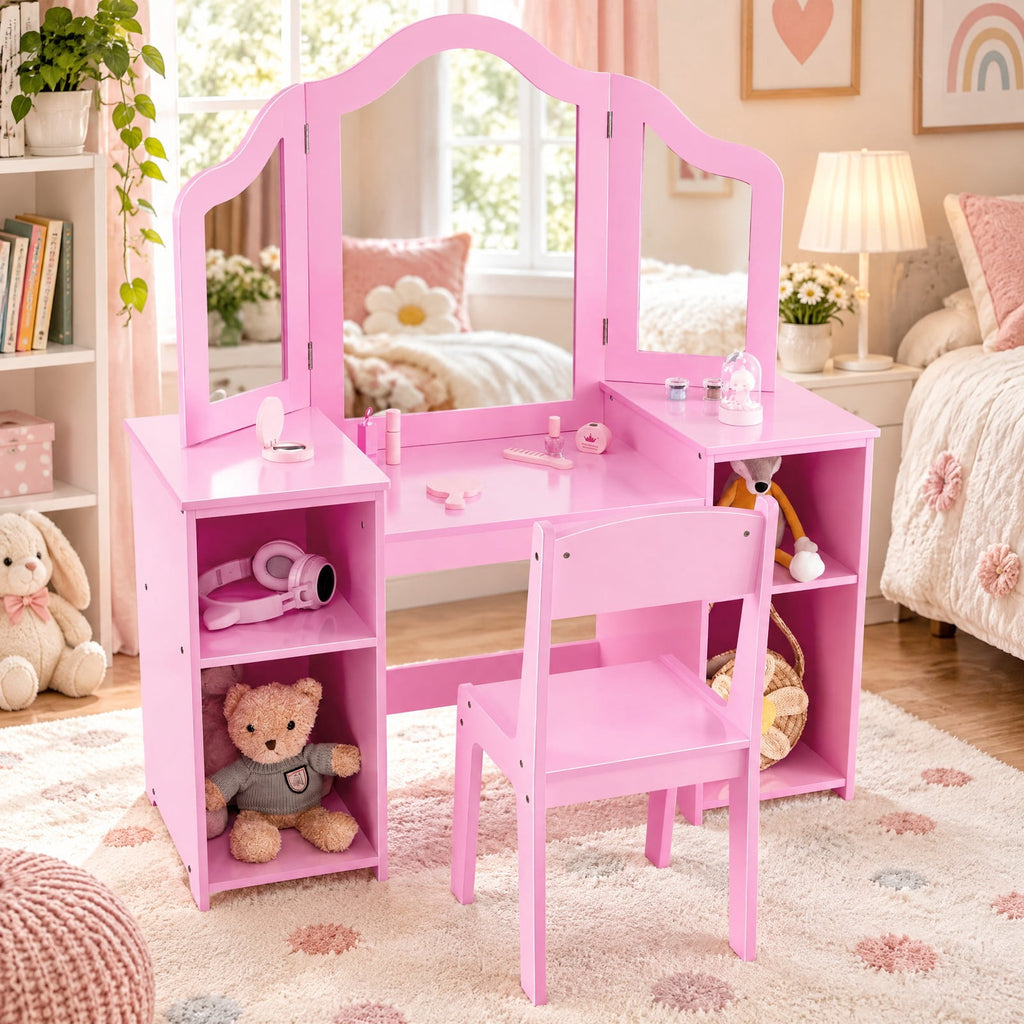 Airfind Kids Vanity Table and Chair Set with Removable Tri-Folding Mirror, 220 lbs Capacity, MDF Acrylic Frame, for 3+ Years Old, Pink