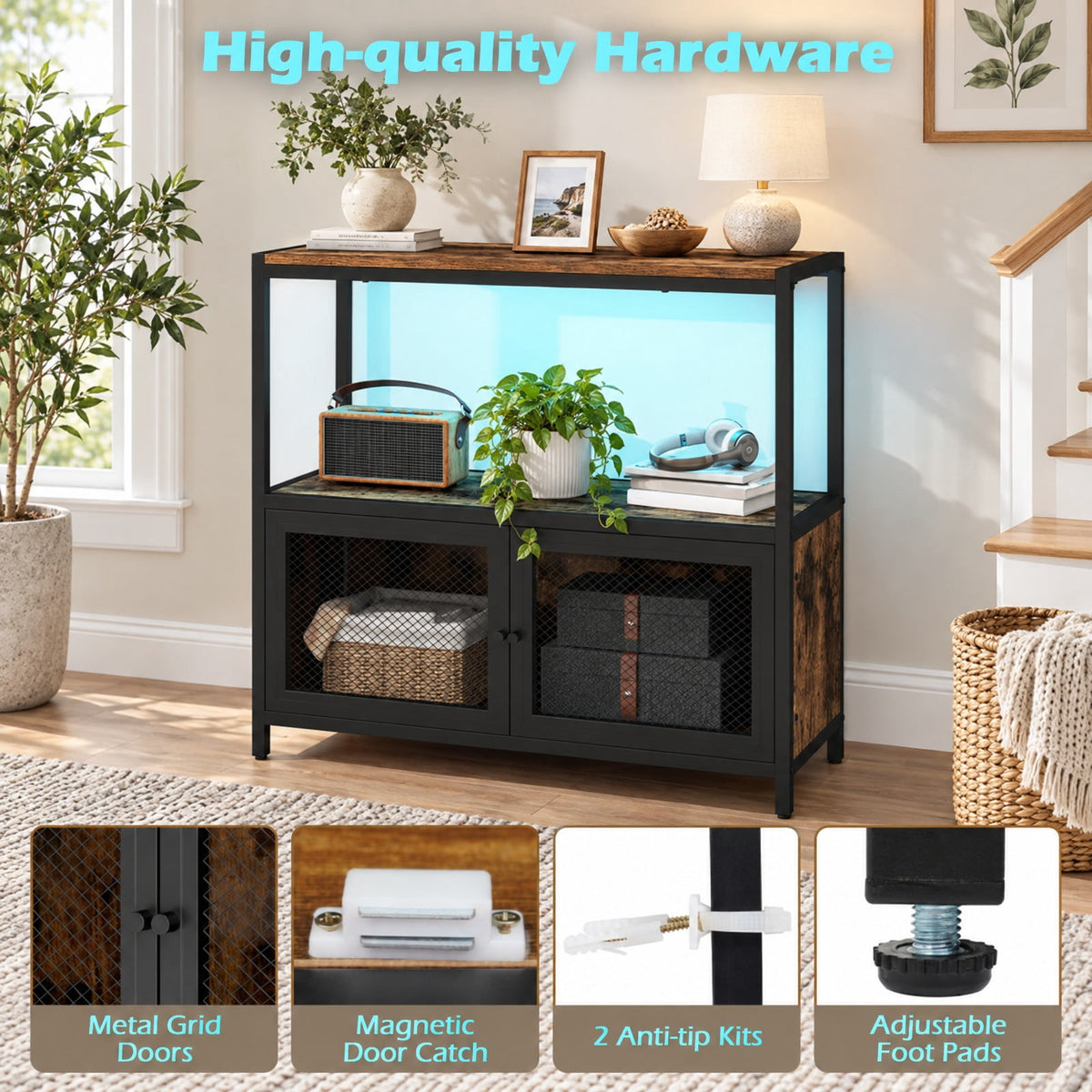 Airfind Industrial Coffee Bar Cabinet with LED Lights and Charging Station, 110 Lbs Capacity, Metal Engineered Wood MDF, Coffee