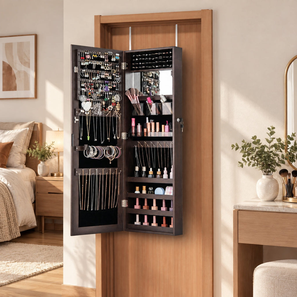 Airfind 43.5 Inch Jewelry Mirror Cabinet with Full-length Mirror and Adjustable Hangers, MDF Frame, Dark Brown