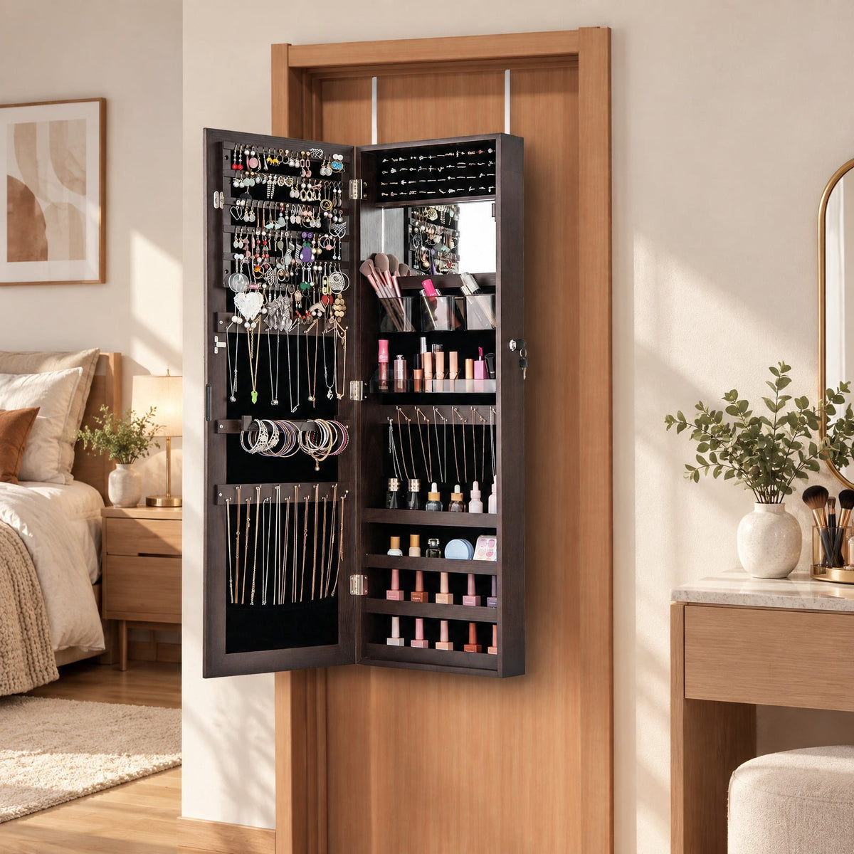 Airfind 43.5 Inch Jewelry Mirror Cabinet with Full-length Mirror and Adjustable Hangers, MDF Frame, Dark Brown