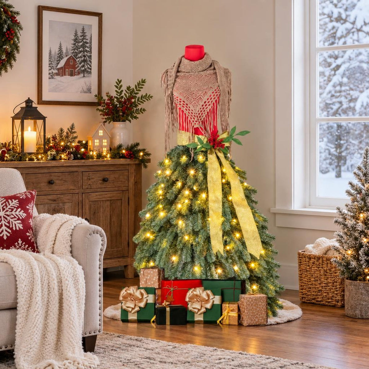 Airfind 5 FT Pre-lit Mannequin Artificial Christmas Tree Dress Form Xmas Tree, PVC Metal Tree Height 5 ft Tree Width 2.7 ft Frame, Green Red