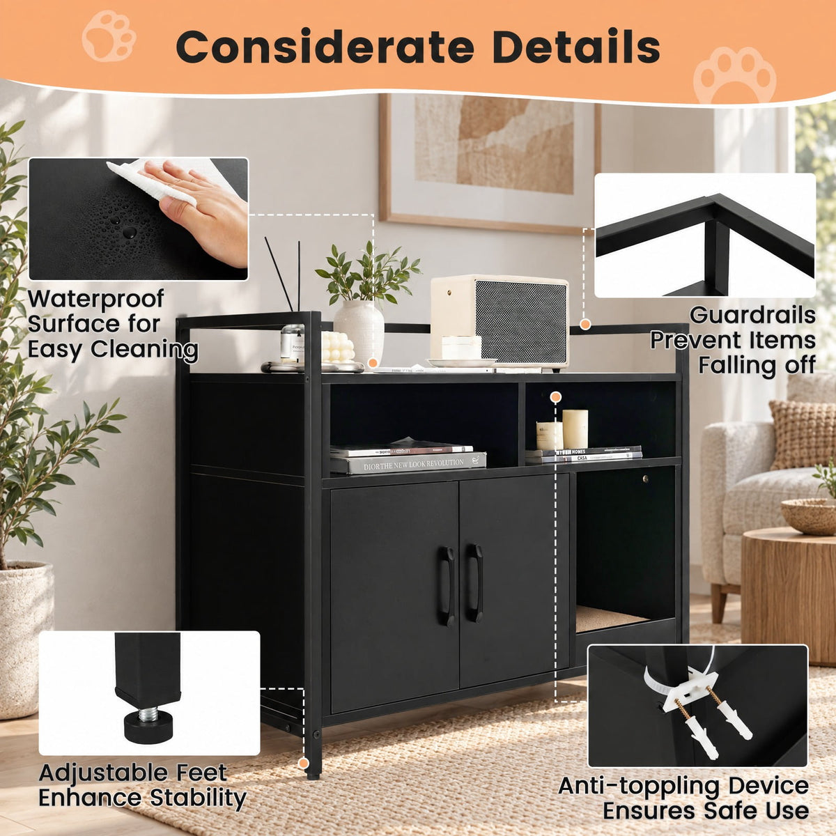 Airfind Hidden Cat Washroom with Double Doors and Scratch Cardboard, MDF Metal Frame, 35 x 17.5 x 29.5 Compartment Footprint, Coffee