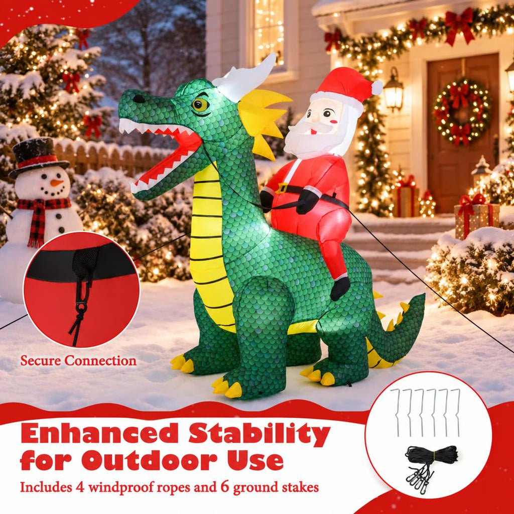 Airfind 6.7 Feet Christmas Inflatable Santa Claus Ride on Dinosaur with Built, Polyester Fabric Frame, 6.7 ft x 3 ft x 6 ft Footprint, Multi-color