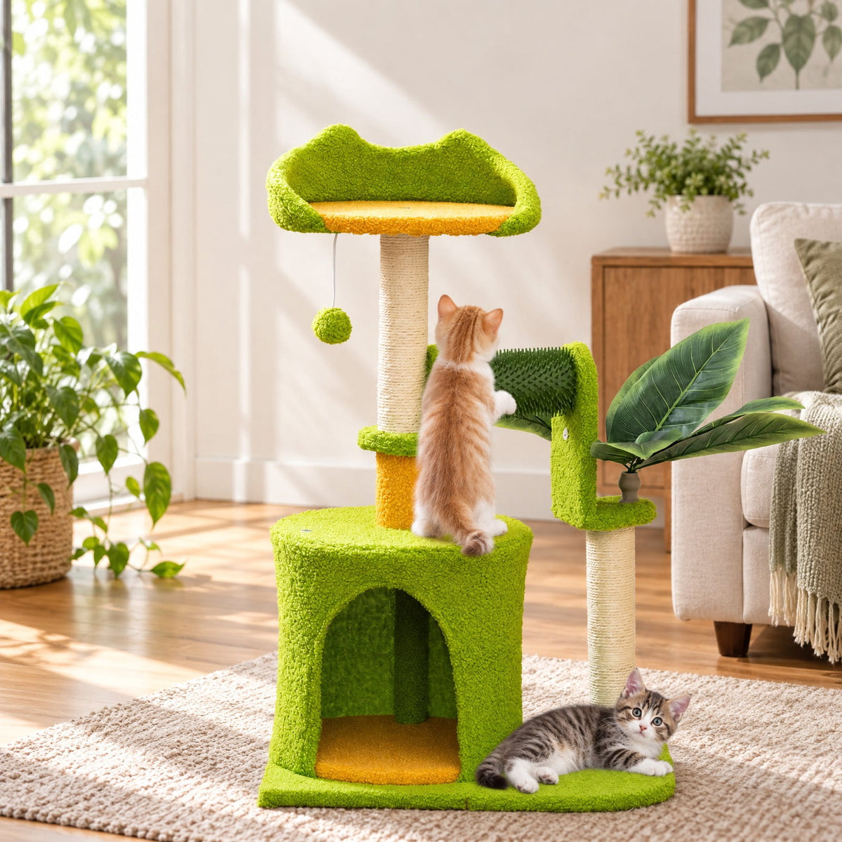 Airfind Cute Palm Cat Tree, for Indoor Cats with Artificial Leaves, Engineered Wood EVA Sisal Teddy Fleece Frame, 19 Inch x 13 Inch x 31 Inch Perch, Green