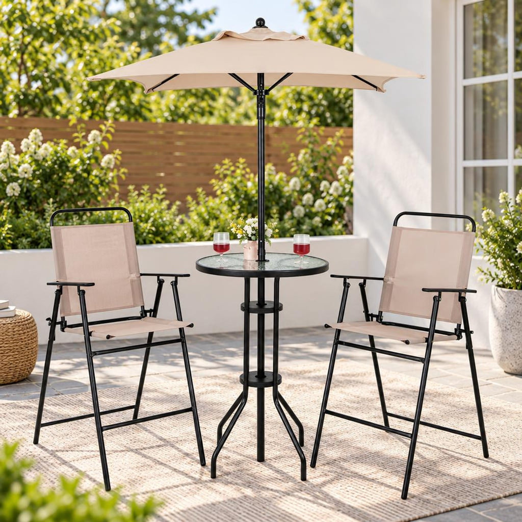 Airfind 4 Pieces Outdoor Bar Set with Umbrella, 110 lbs Capacity, Fabric Metal Tempered Glass Polyester Frame, 24 x 24 x 36 Footprint, Beige