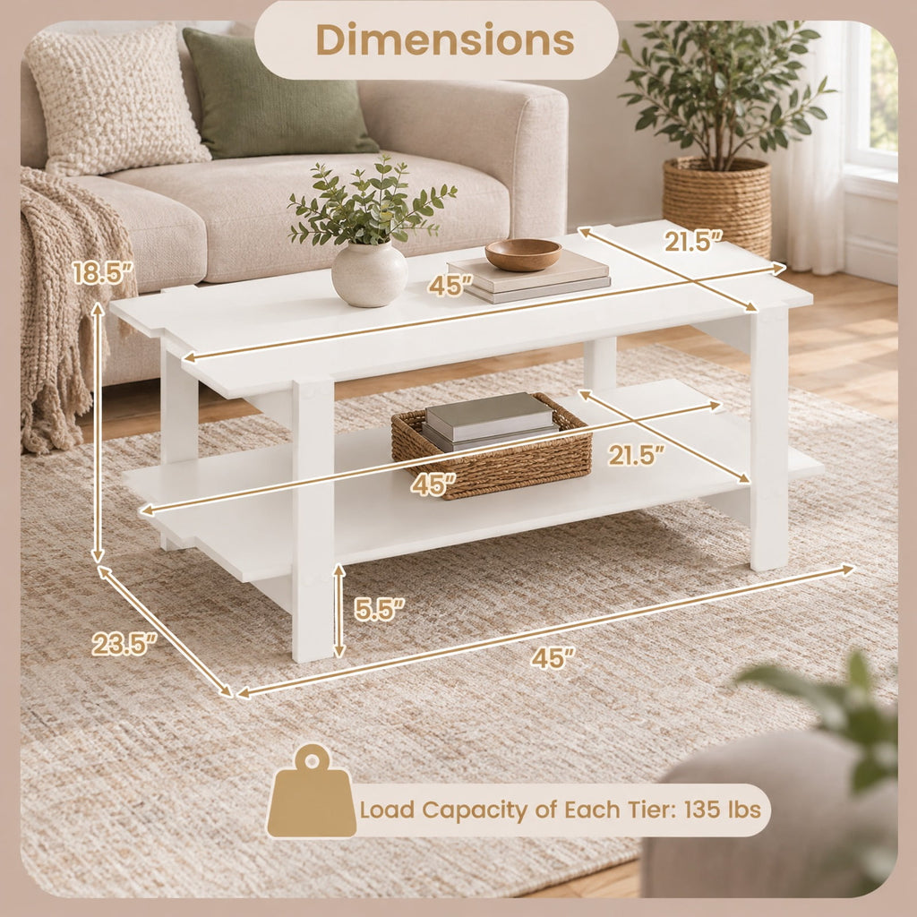 Airfind 2-Tier Coffee Table Slatted Wood Center Table with Storage Shelf, 135 lbs Capacity, Engineered Wood Frame, 45 x 23.5 x 18.5 Footprint