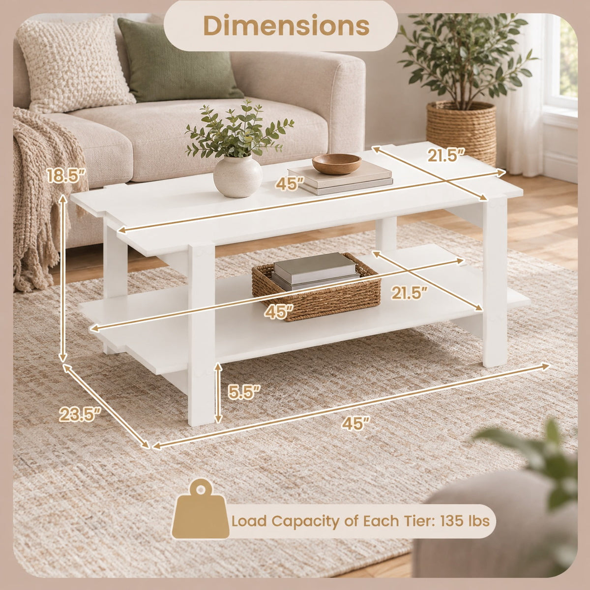 Airfind 2-Tier Coffee Table Slatted Wood Center Table with Storage Shelf, 135 lbs Capacity, Engineered Wood Frame, 45 x 23.5 x 18.5 Footprint