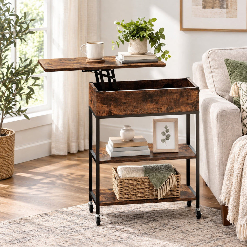 Airfind Lift Top End Table with Charging Station and Universal Wheels, 121 lbs Capacity, Engineered Wood Metal Frame, 24 x 9.5 x 25.5 Footprint