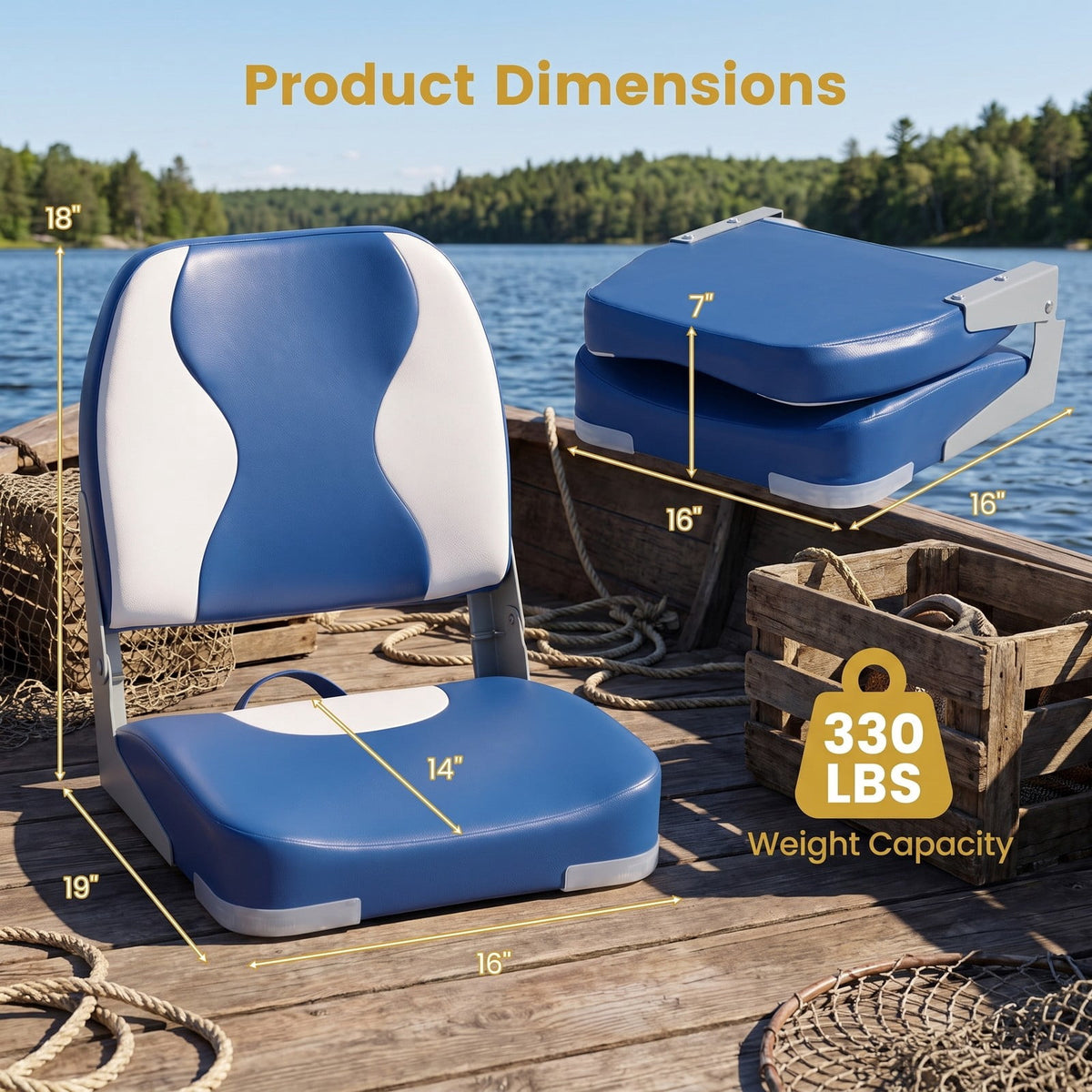 Airfind Folding Low Back Boat Seats 2 Pack with Thick Sponge Padding and Aluminum Hinges for Fishing and Cabin Boats, Blue and White