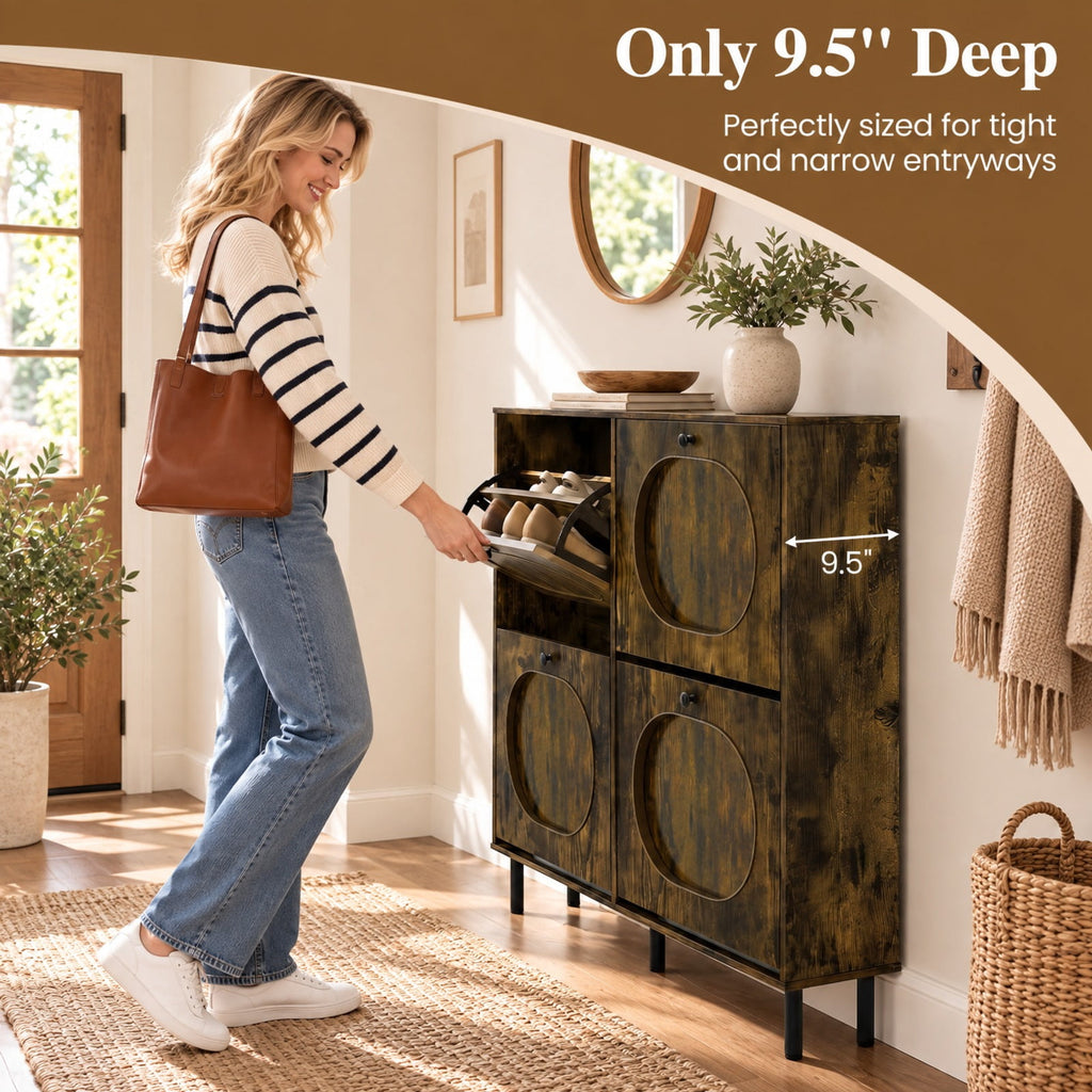 Airfind Shoe Storage Cabinet with 4 Flip Drawers and Aluminum Legs for Foyer and Hallway, 40in x 9.5in x 38.5inNet Weight 55 lbsWeight Footprint, Brown