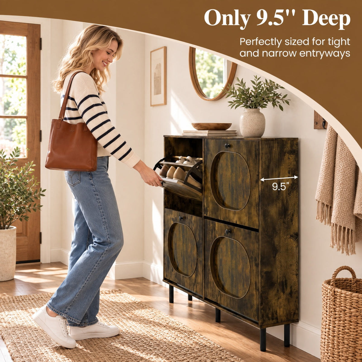 Airfind Shoe Storage Cabinet with 4 Flip Drawers and Aluminum Legs for Foyer and Hallway, 40in x 9.5in x 38.5inNet Weight 55 lbsWeight Footprint, Brown