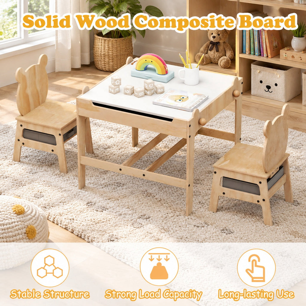 Airfind Kids Table and Chairs Set with Reversible Whiteboard-Panda, 165 lbs Capacity, for 3+ Years Old, Natural
