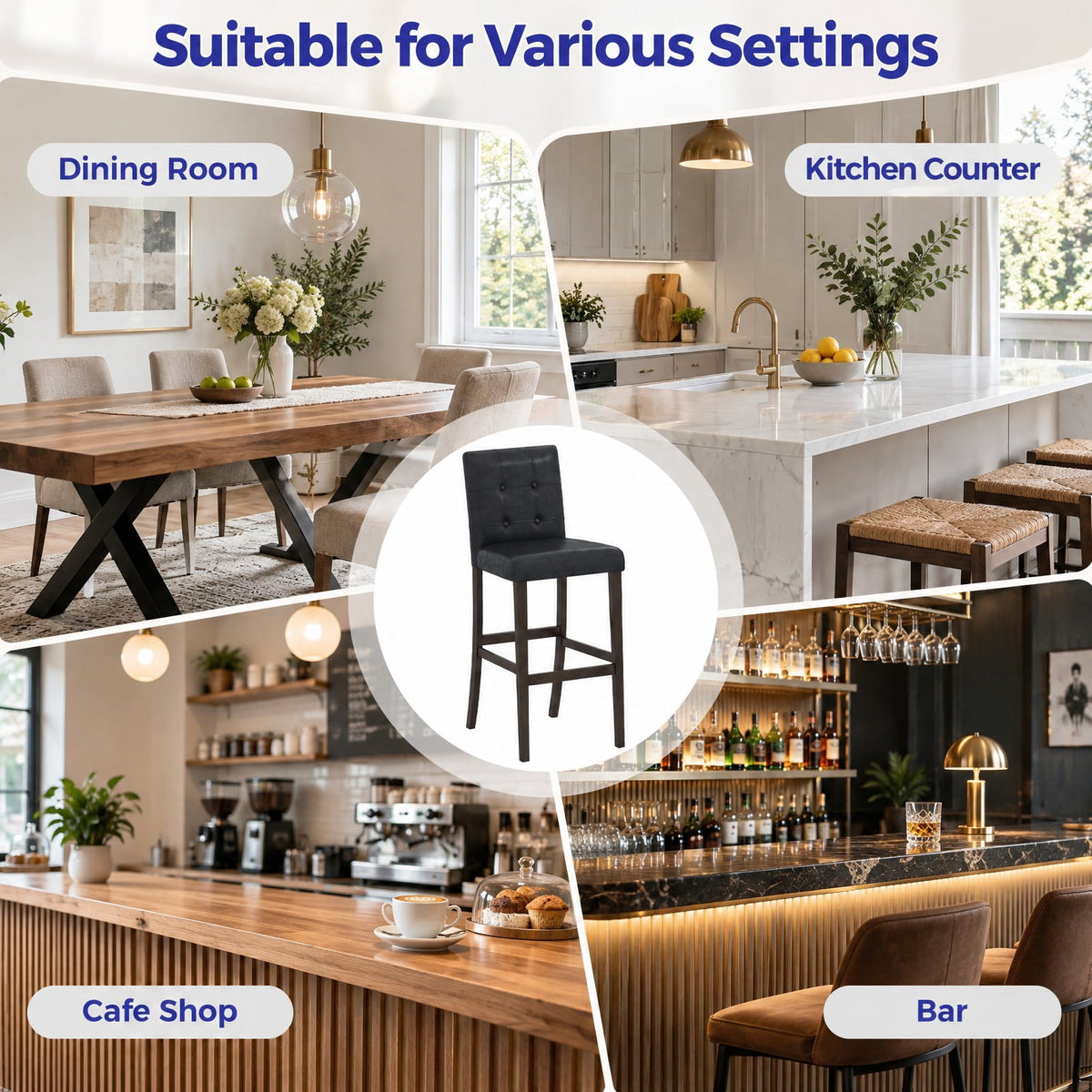 Airfind PVC Dining Leather Bar, Set of 4, Stools with Solid Wood Legs-29 inch, 353 lbs Capacity, PVC rubber wood Frame, Wood, Natural