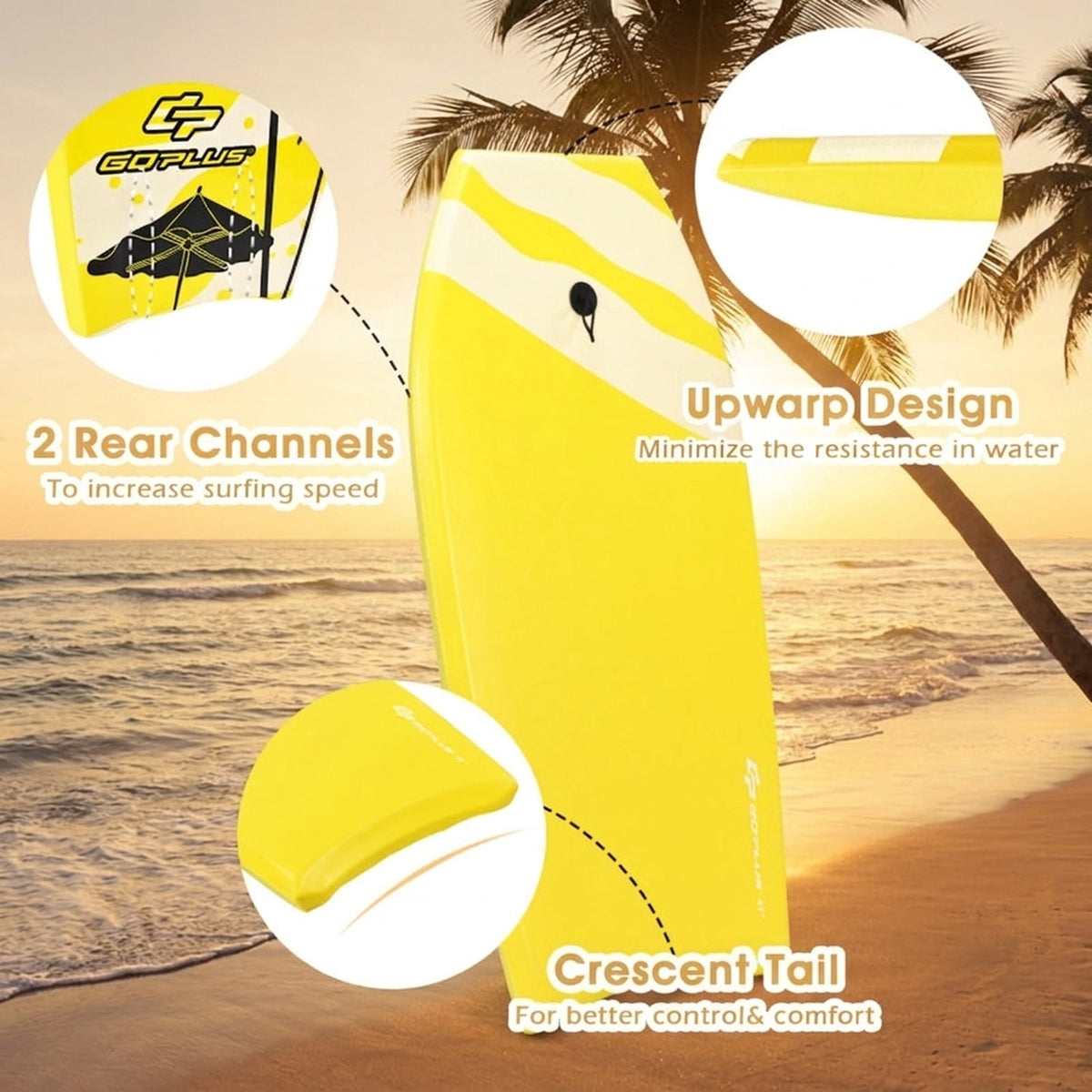 Airfind 41 Inch Yellow Surfing Bodyboard for Adults ¡ª XPE Deck, EPS Core, HDPE Slick Bottom, Crescent Tail, Wrist Leash Included