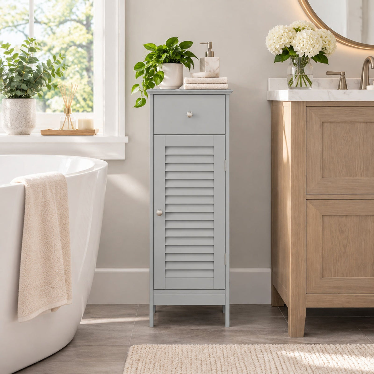 Airfind Narrow Bathroom Storage Cabinet with Adjustable Shelf and Drawer, 13in x 12in x 34.5inOverall Interior Footprint, Gray