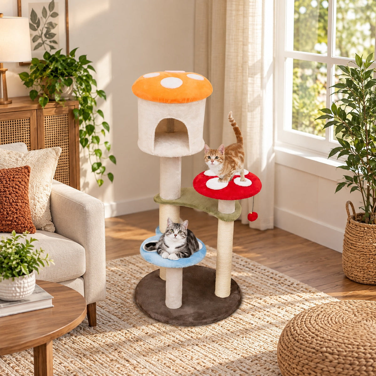 Airfind Cute Mushroom Cat Tree with Sisal Scratching Posts Top Condo and Padded Platforms, 22 lbs Capacity, 23 x 48 Footprint, Colorful