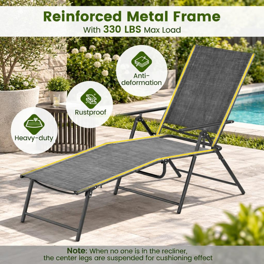 Airfind 2 Piece Patio Folding Chaise Lounge Chairs Recliner with 6-Level Backrest, 61-74.5 x 25 x 25.5-40Folding Footprint, Gray