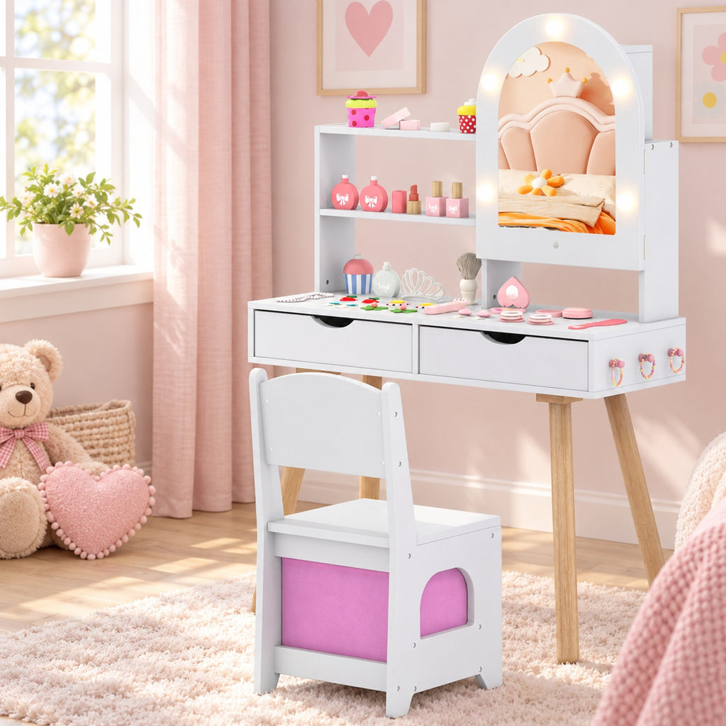 Airfind Kids Vanity Set Pretend Play Dressing Table Set with 3-Color Lighting Modes Adjustable Brightness and Mirror Cabinet, 44 lbs Capacity, White