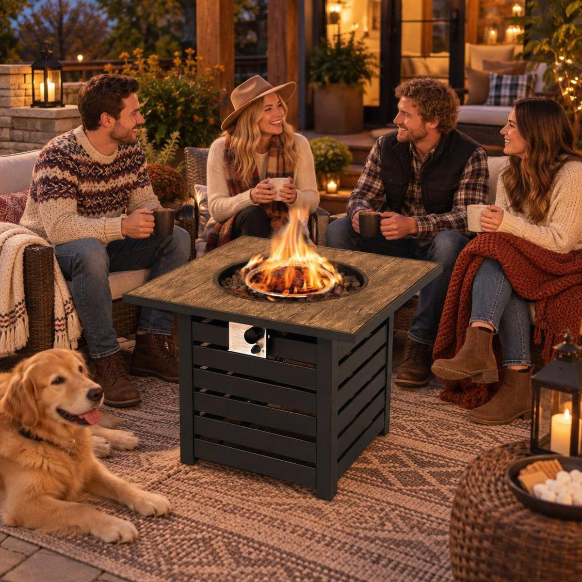 Airfind Square Propane Fire Pit Table with Lava Rocks and Rain Cover, 150 lbs Capacity, Ore powder steel stainless steel Frame, Black