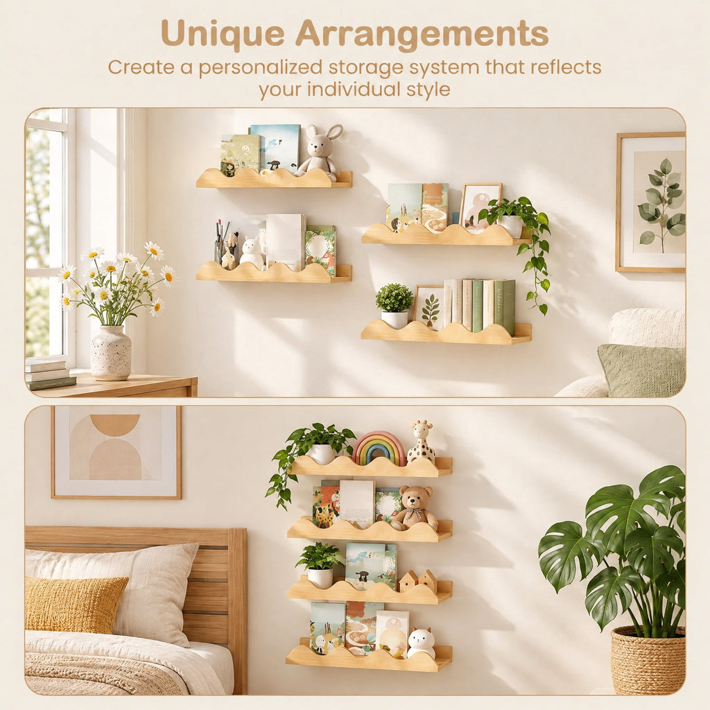 Airfind 16 Inch Kids Bookshelf Set of 4 Floating Nursery Book Shelves for Decoration Book Toy Storage, 11 lbs Capacity, Fir Wood Frame, Natural