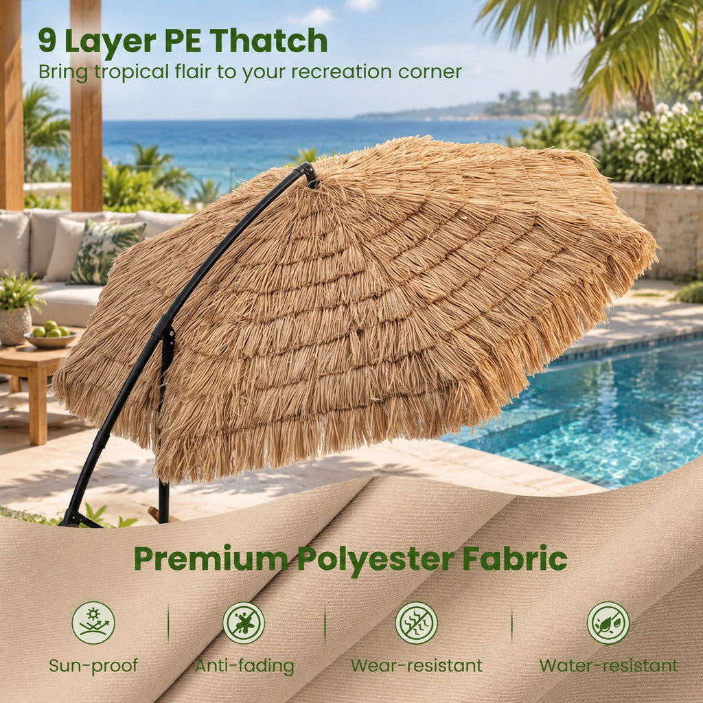 Airfind 10 FT Solar Thatched Cantilever Umbrella with 12 Modes and Crank Lift, PE Thatch Polyester Fabric Metal ABS Frame, Brown