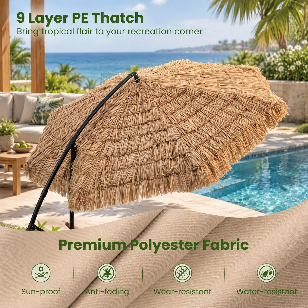 Airfind 10 FT Solar Thatched Cantilever Umbrella with 12 Modes and Crank Lift, PE Thatch Polyester Fabric Metal ABS Frame, Brown