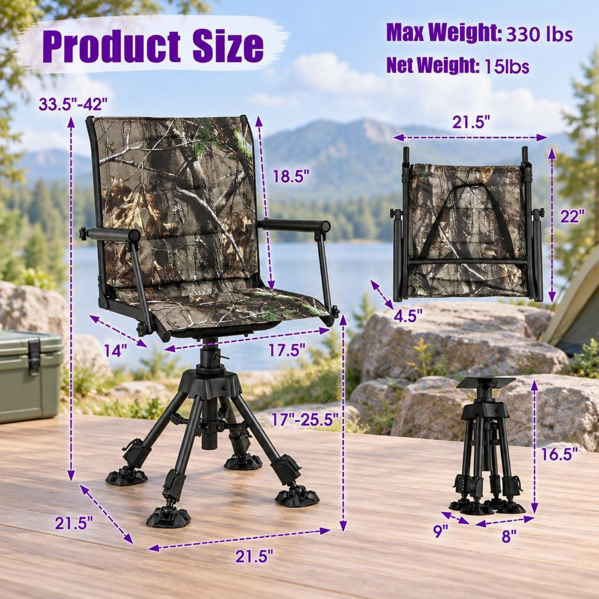 Airfind Folding Swivel Patio Chair with 4 Adjustable Leg, PP Steel Nylon Frame, 21.5 x 21.5 x 33.5-42 Footprint, Camouflage