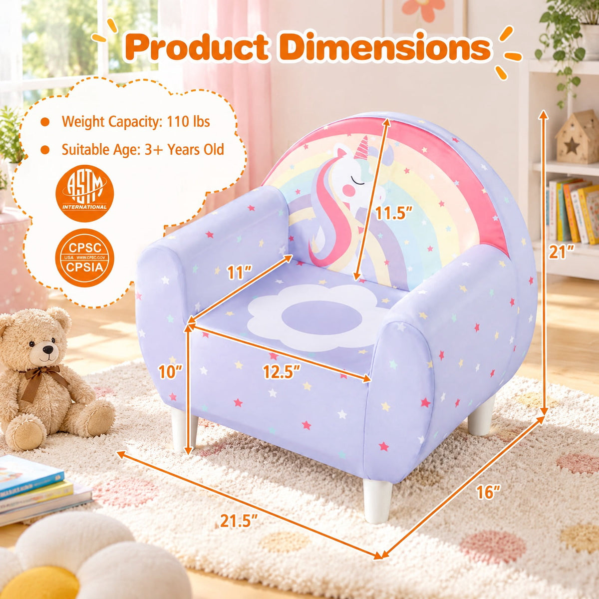 Airfind Kids Sofa with Breathable Spandex Fabric and High-density Sponge Filling for Boys and Girls, 110 lbs Capacity, for 3+ Years Old, Purple