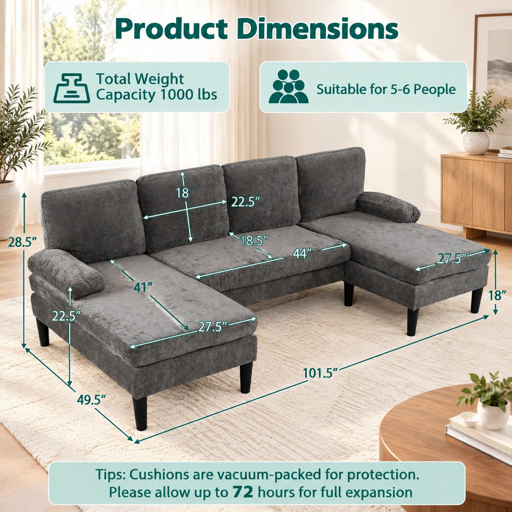 Airfind U-shaped Sectional Couch with Double Chaise for Living Room, 1000 Lbs Capacity, 101.5 Inch X 49.5 Inch X 28.5 Inch with Corduroy Fabric Sponge PP, Gray