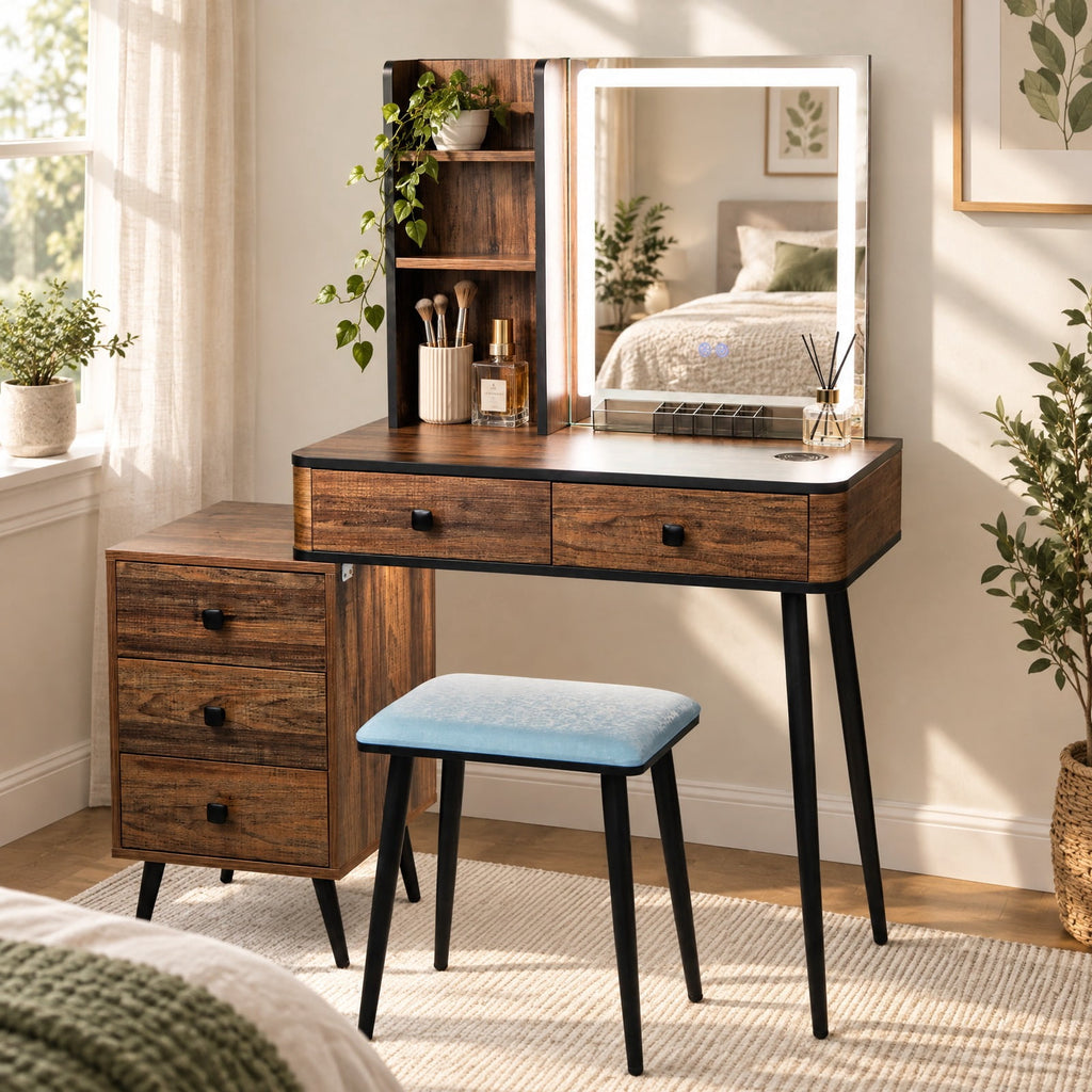 Airfind Vanity Makeup Table Set with Lighted Mirror, 330 lbs Capacity, MDF glass steel Frame, 31.5in x 15.5in x 51in Footprint, Brown