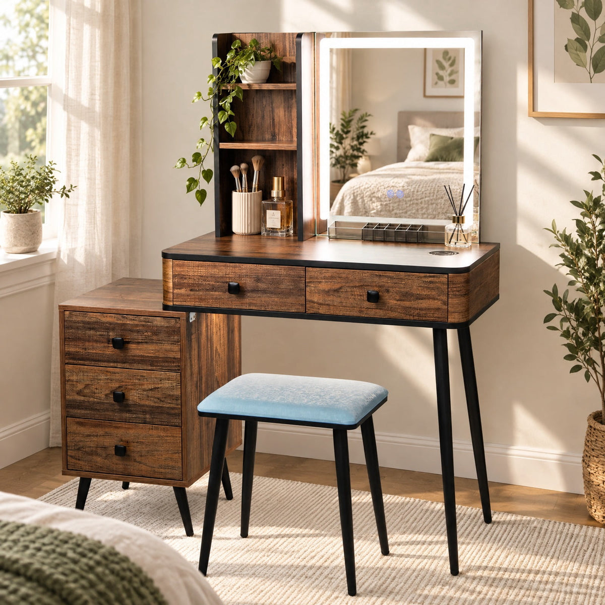 Airfind Vanity Makeup Table Set with Lighted Mirror, 330 lbs Capacity, MDF glass steel Frame, 31.5in x 15.5in x 51in Footprint, Brown
