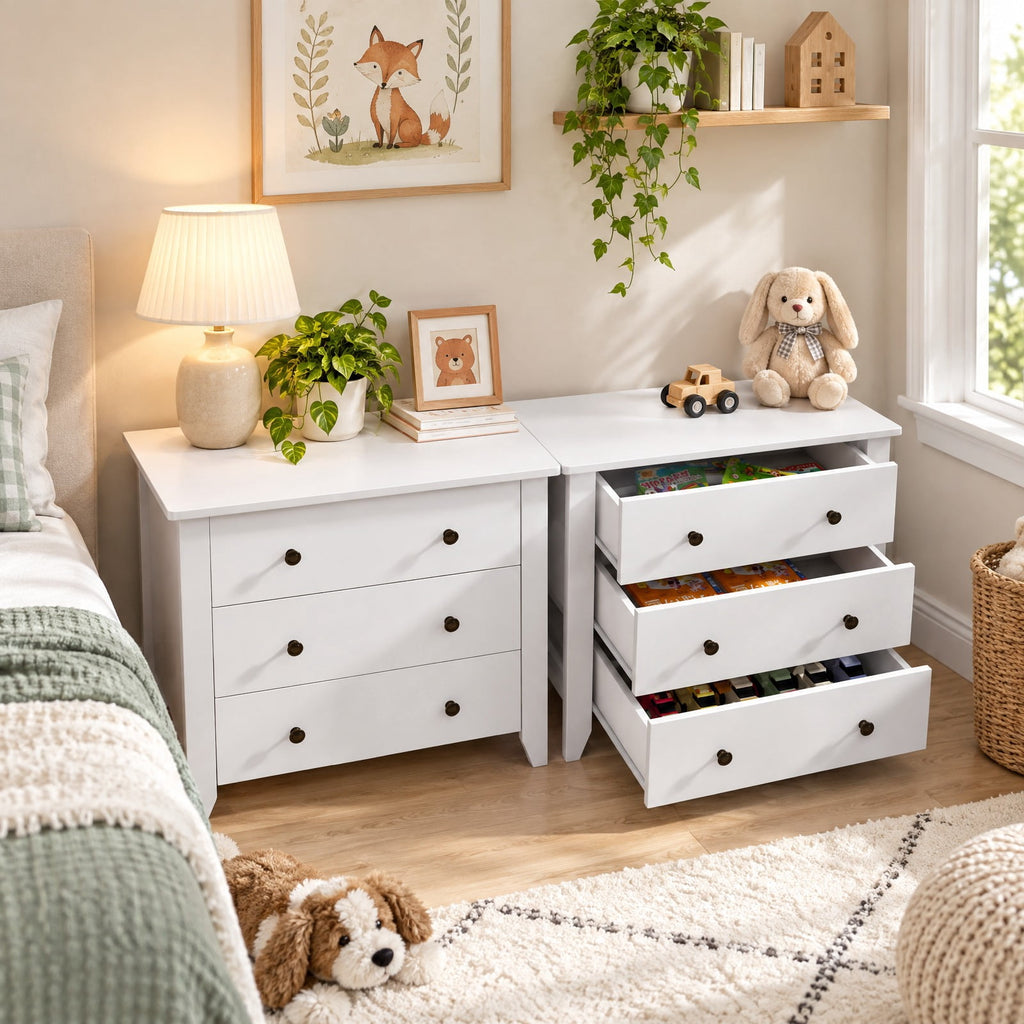 Airfind 3 Drawer Dresser Chest of Drawers Bedside Table, MDF Frame, 28in x 18in x 26in Footprint, White