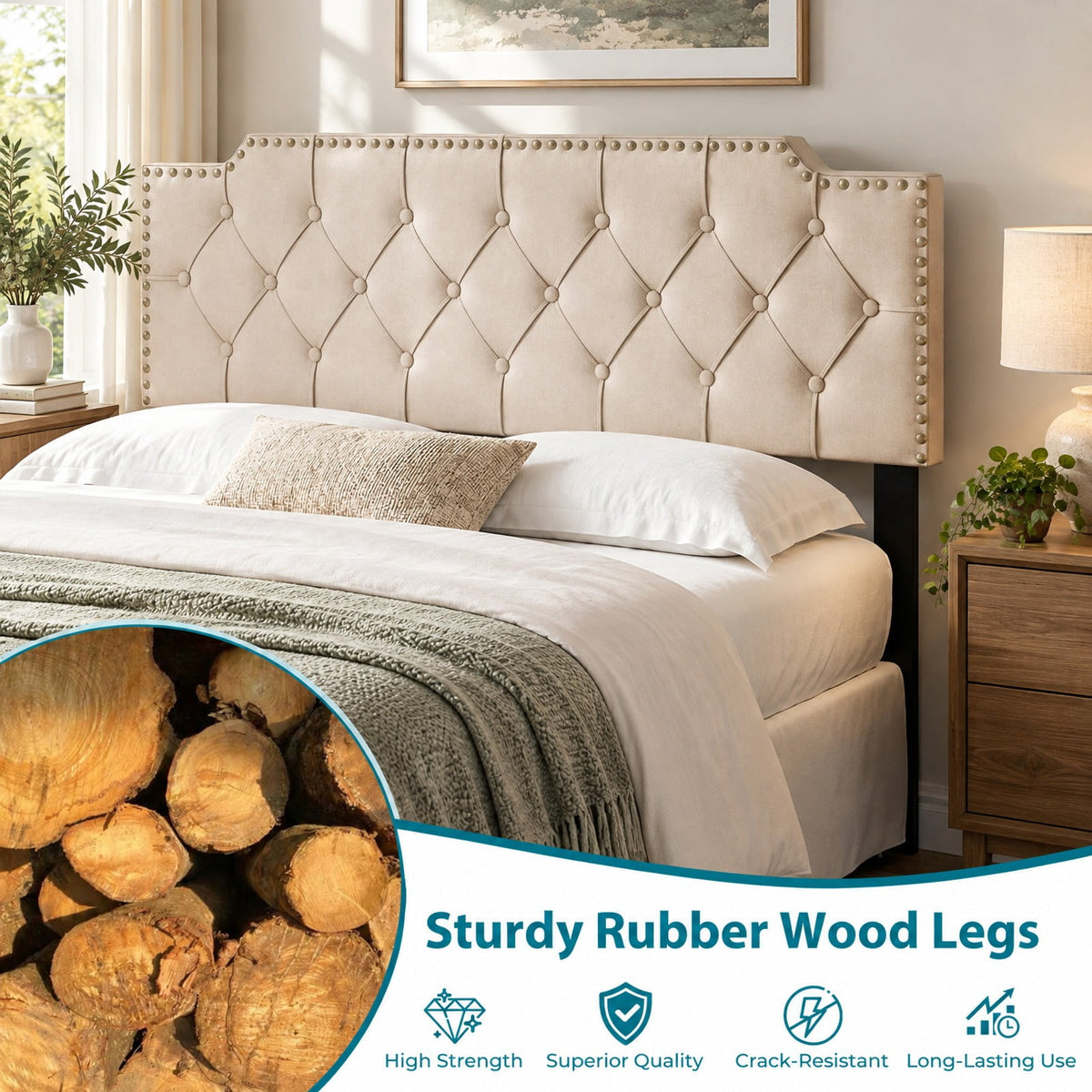 Airfind Upholstered Headboard with Built-in Charging Station, AC, USB and Type-C Ports, Rivet Tufted Headboard for Queen and Full Size Bed, Beige