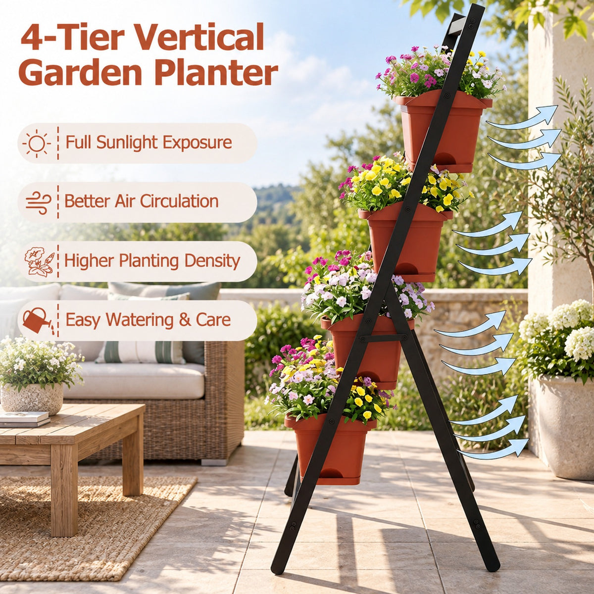 Airfind 4-Tier Vertical Raised Garden Bed with Drainage Holes and 4 Containers, Plastic Metal Frame, 26 x 20 x 49 Footprint, Red