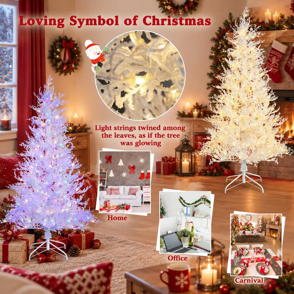 Airfind 6 Feet Artificial Xmas Tree with 383 PE Branch Tips and 300 LED Lights, PE flocking metal Tree height 6 ft Tree width 3.3 ft Frame, White
