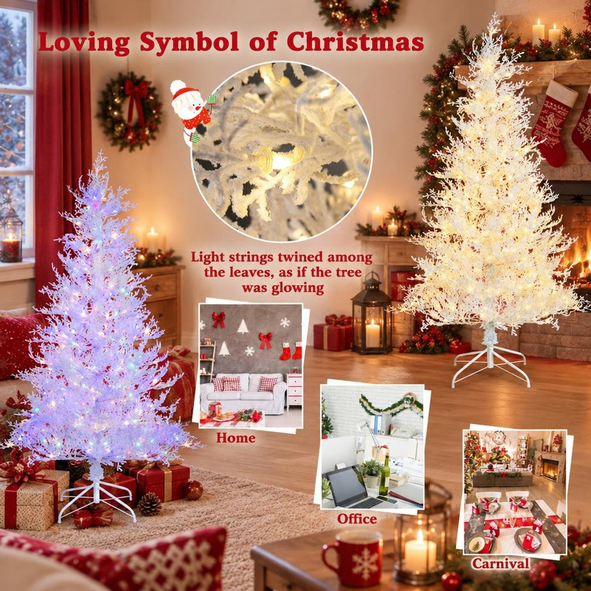 Airfind 6 Feet Artificial Xmas Tree with 383 PE Branch Tips and 300 LED Lights, PE flocking metal Tree height 6 ft Tree width 3.3 ft Frame, White