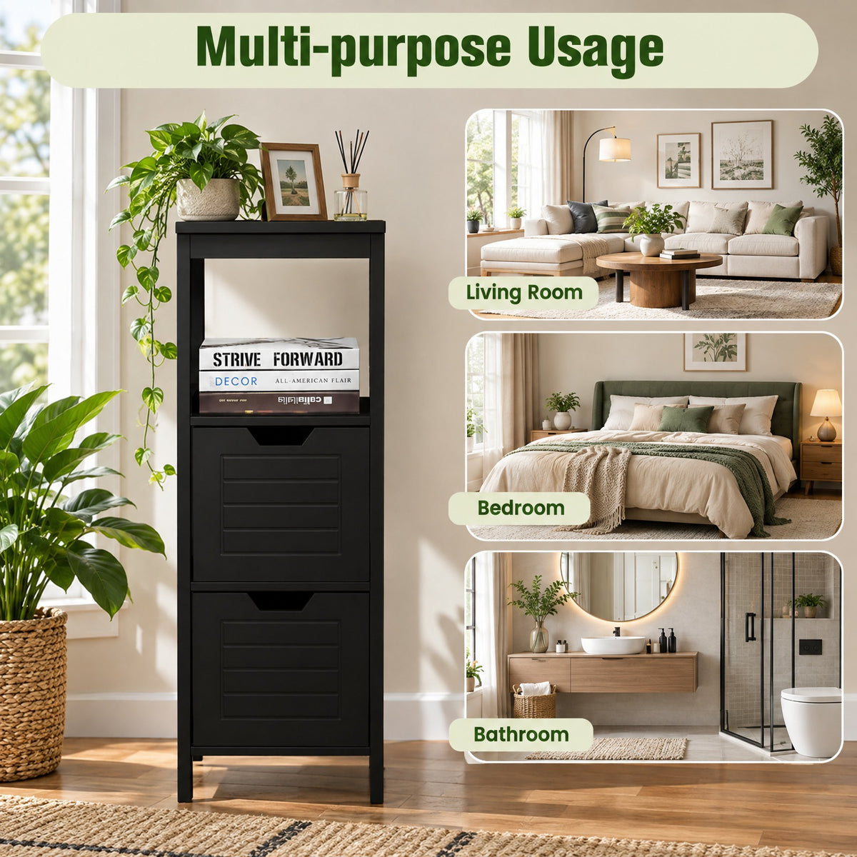 Airfind Bathroom Wooden Floor Cabinet Multifunction Storage Rack Stand Organizer, 11 lbs Capacity, P2 MDF NC paint Frame, Black