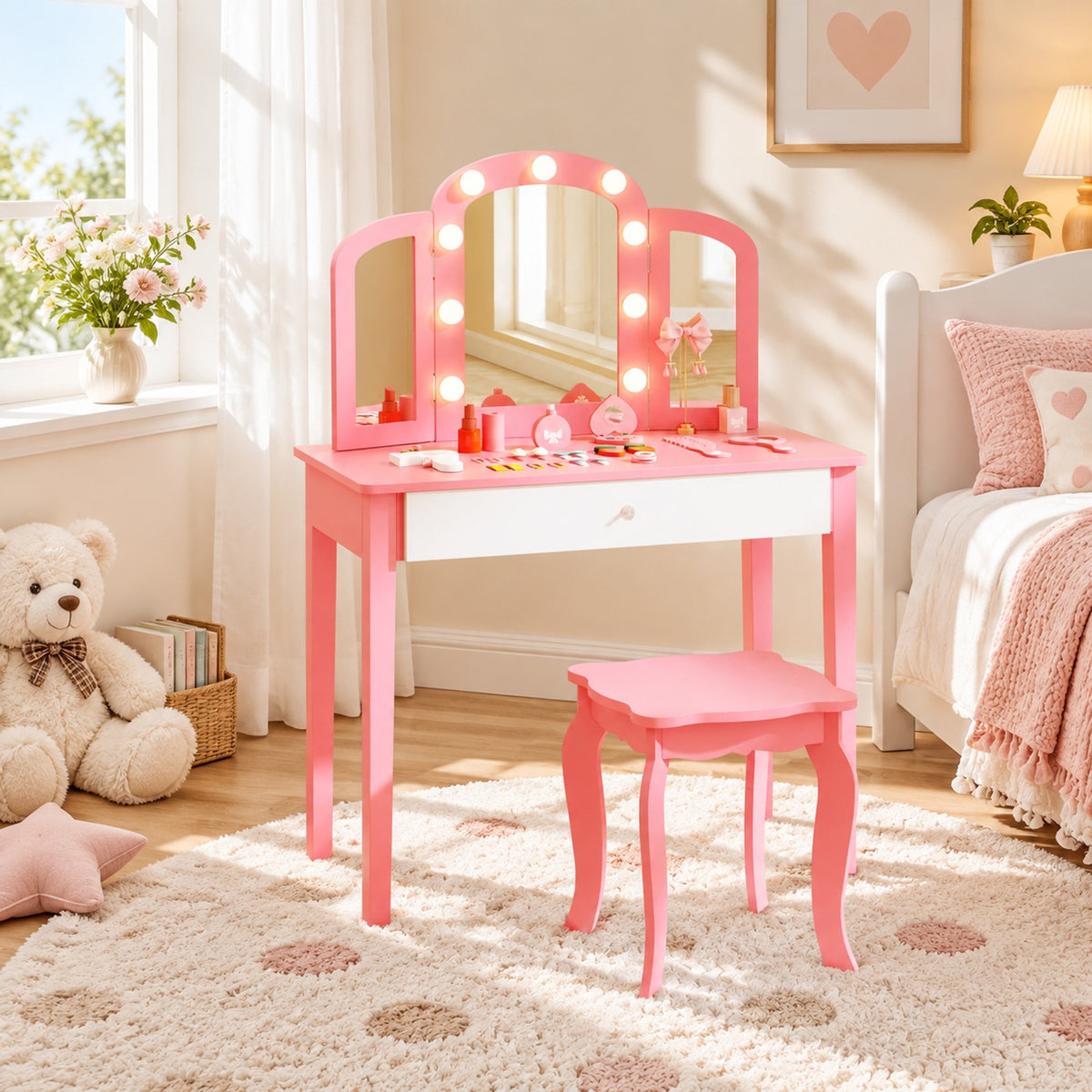Airfind 2-in-1 Kids Vanity Table Set with Tri-Folding Detachable Mirror and Lights, 110 lbs Capacity, MDF Pine Wood Acrylic Frame, Footprint, Pink