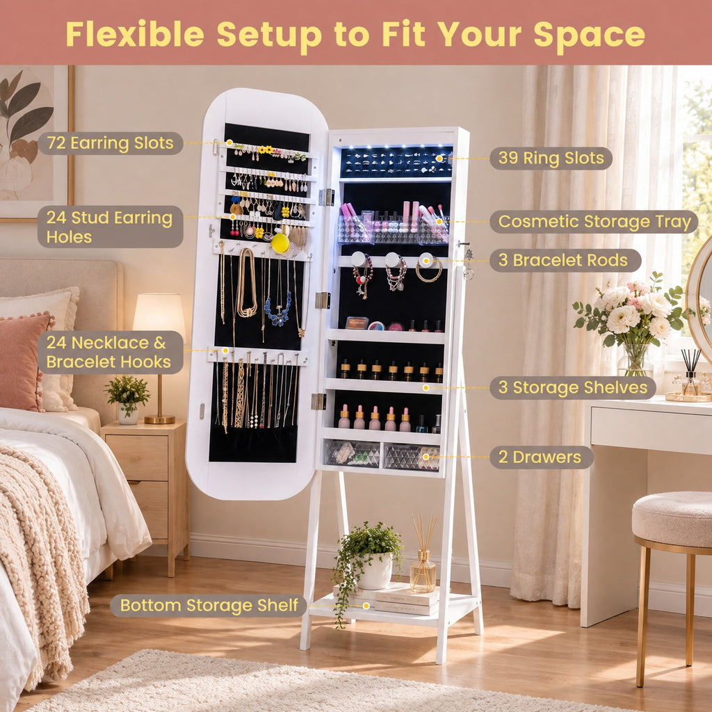 Airfind Jewelry Cabinet with Full-Length Mirror Large Storage Capacity, Engineered Wood Frame, 16.5 x 14.5 x 59 Footprint, White