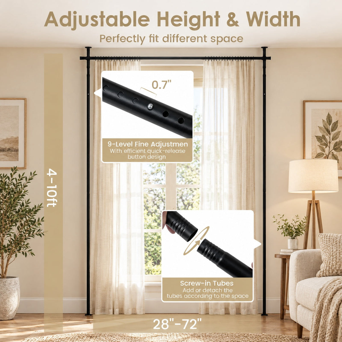 Airfind Room Divider Curtain Rod with Adjustable Floor to Ceiling Tension Rod No Drilling Required, 45 lbs Capacity, Metal Frame, Black
