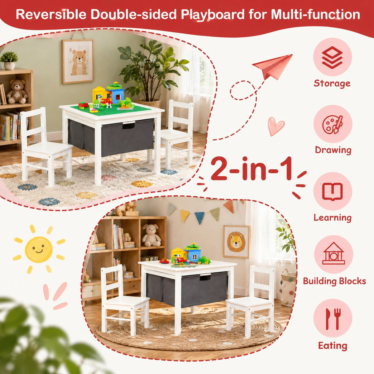 Airfind 2-in-1 Youth Activity Table and 2 Chairs Set with Storage Building Block Table, 200 Lbs Capacity, MDF Non-woven Fabric, for 3-8 Years, White