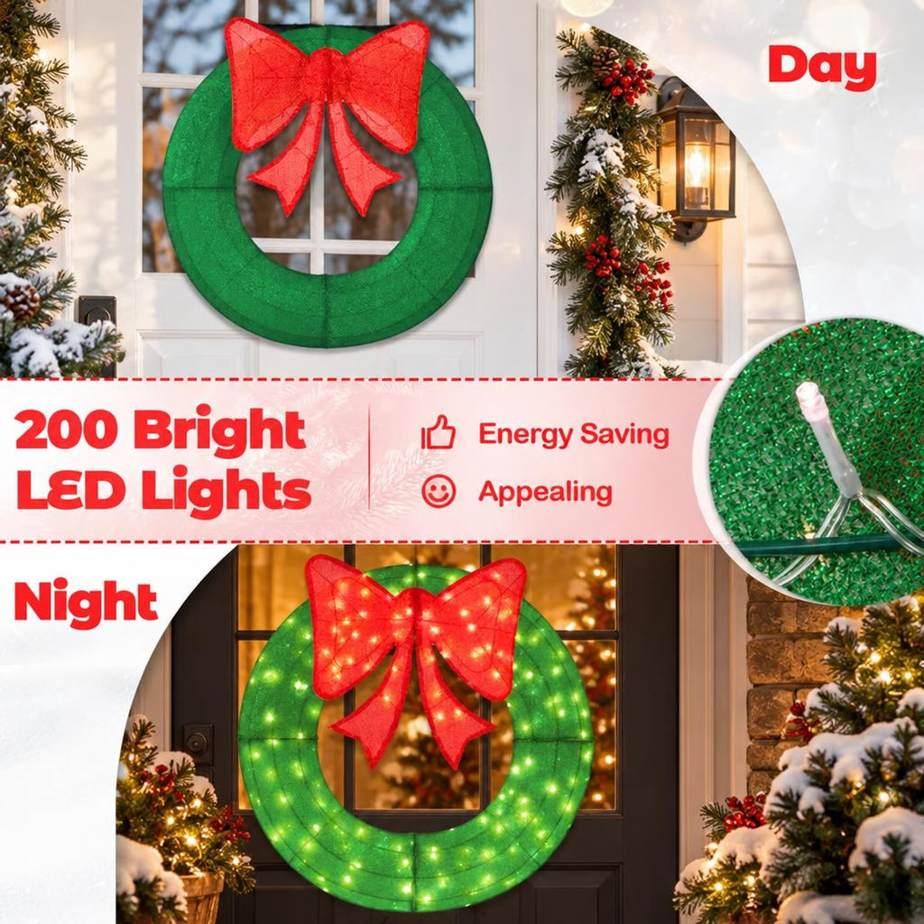 Airfind 48 Inch Pre-Lit Lighted Christmas Mesh Wreath with Bow and 200 LED Bulbs, Metal Mesh Fabric Frame, 29 x 30 Footprint, Green