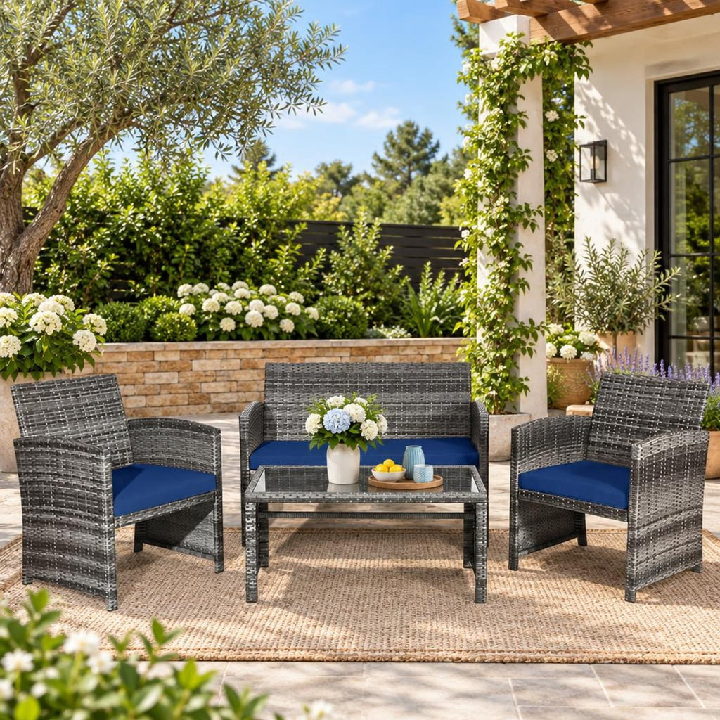 Airfind 4 Pieces Patio Rattan Furniture Set with Glass Table and Loveseat, PE Rattan Polyester Fiber Steel Sponge Single Sofa Frame, Navy