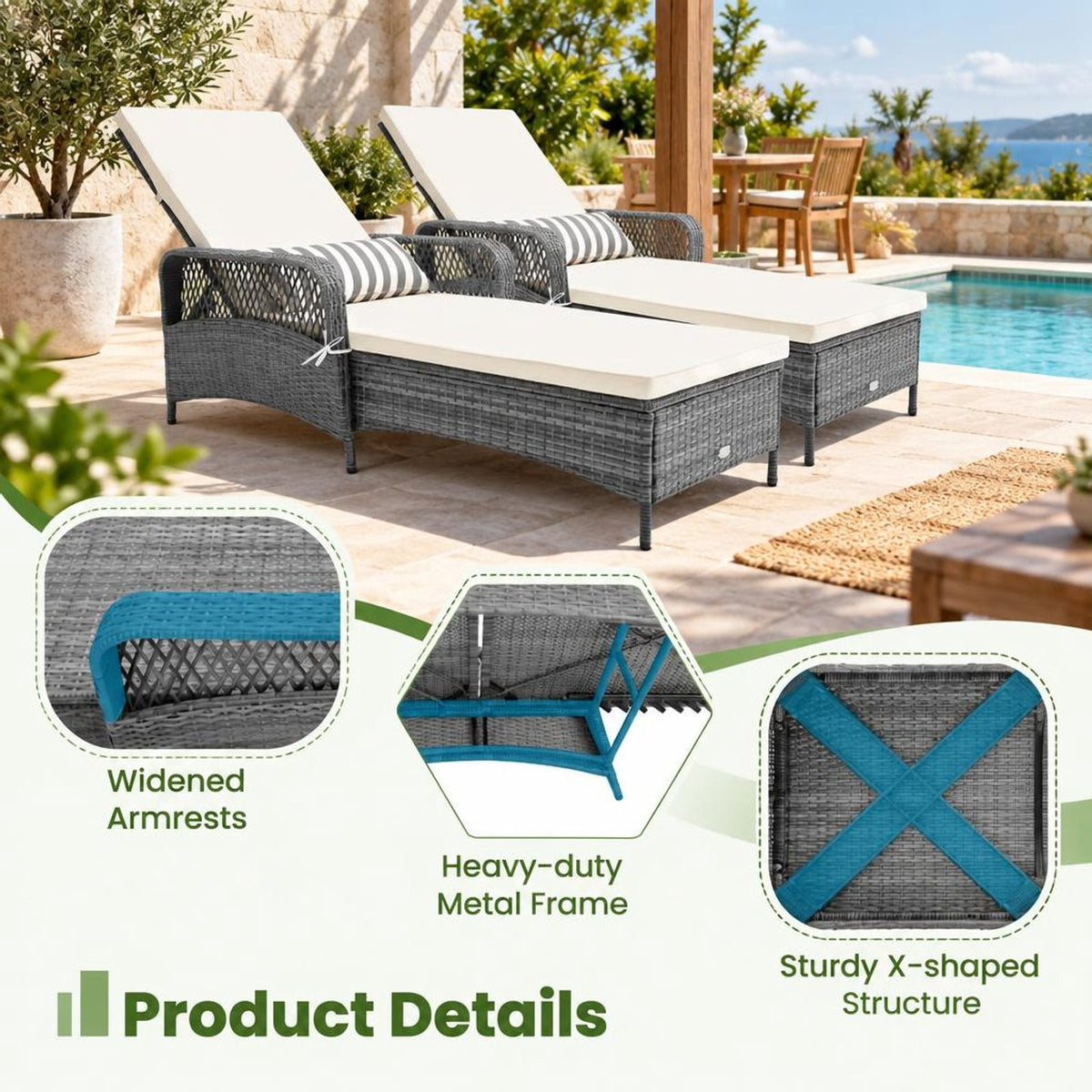 Airfind Outdoor Chaise Lounge Chair Recliner with 6, 400 lbs Capacity, Metal PE Rattan Polyester Fabric Spray-bonded Non-woven Fabric Sponge Frame
