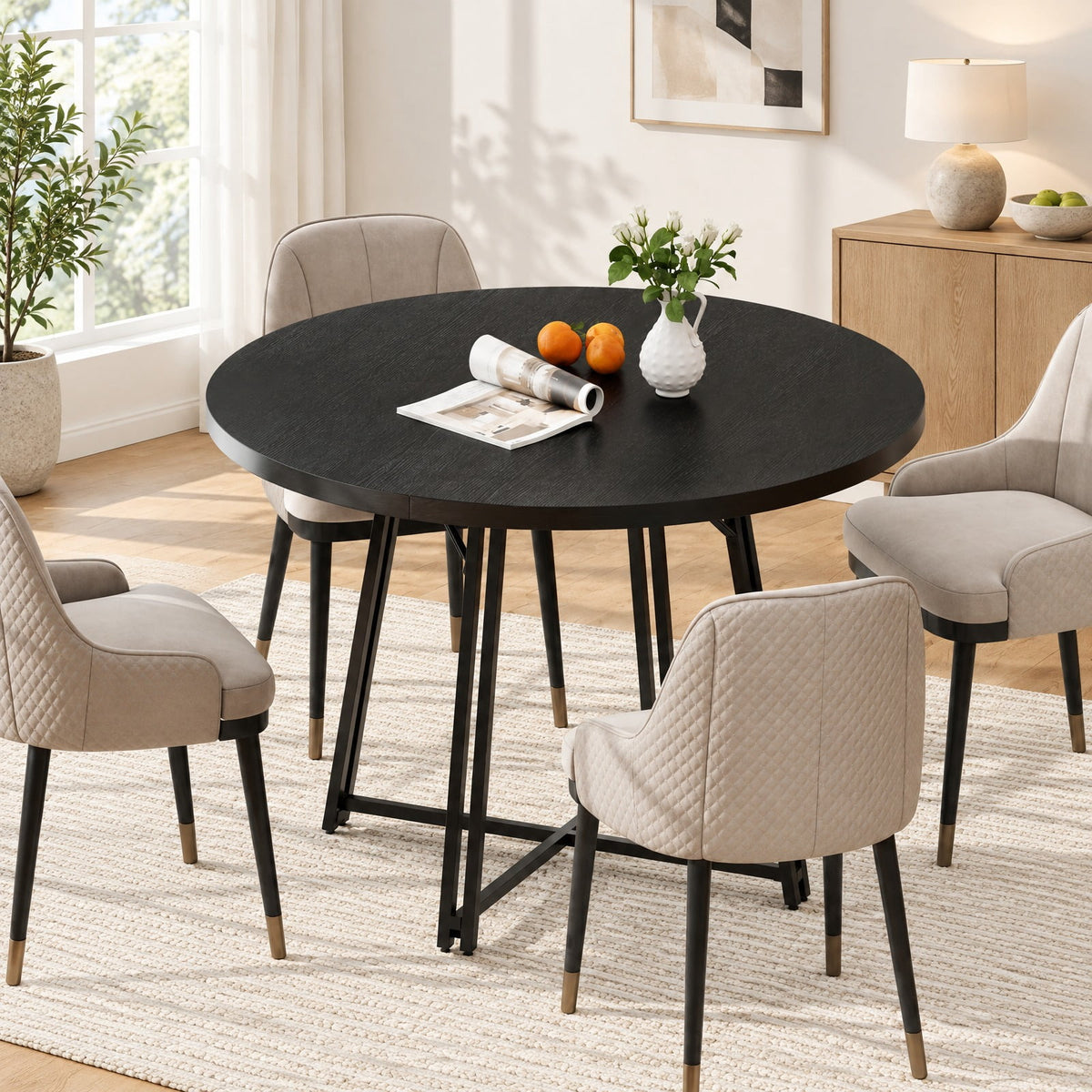 Airfind 47 Inch Dining Table for 4-6 People Round Kitchen Table with Cross Base, 200 lbs Capacity, Metal MDF Frame, 47 x 30.5 Footprint, Black