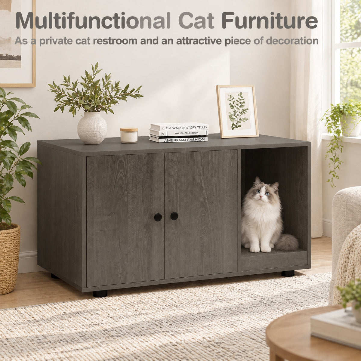 Airfind Wooden Cat Litter Box Enclosure Hidden Litter Box Furniture with Scratching Board, Engineered Board MDF Frame, Oak