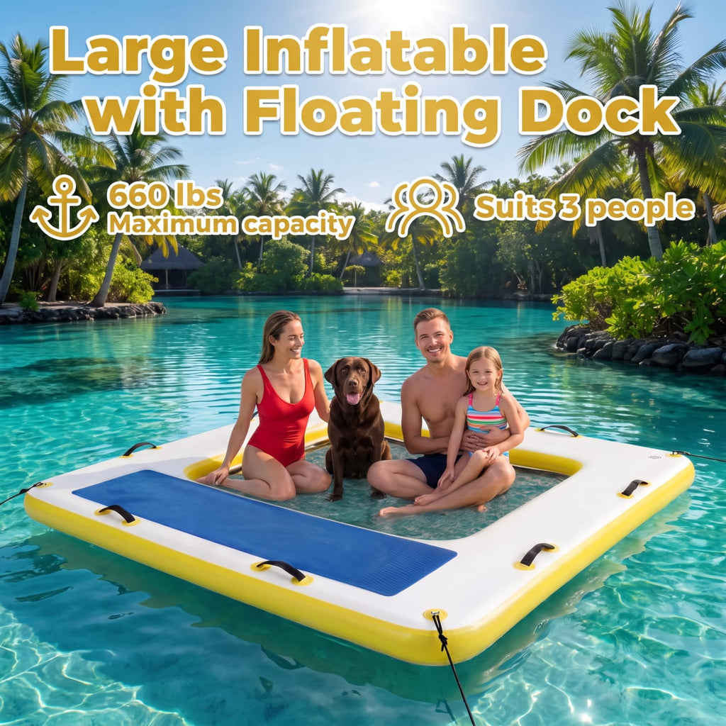 Airfind 8 by 8 FT Inflatable Floating Dock Platform with Mesh Swim Lounge and Carry Bag for Lake Pool and Boating, White