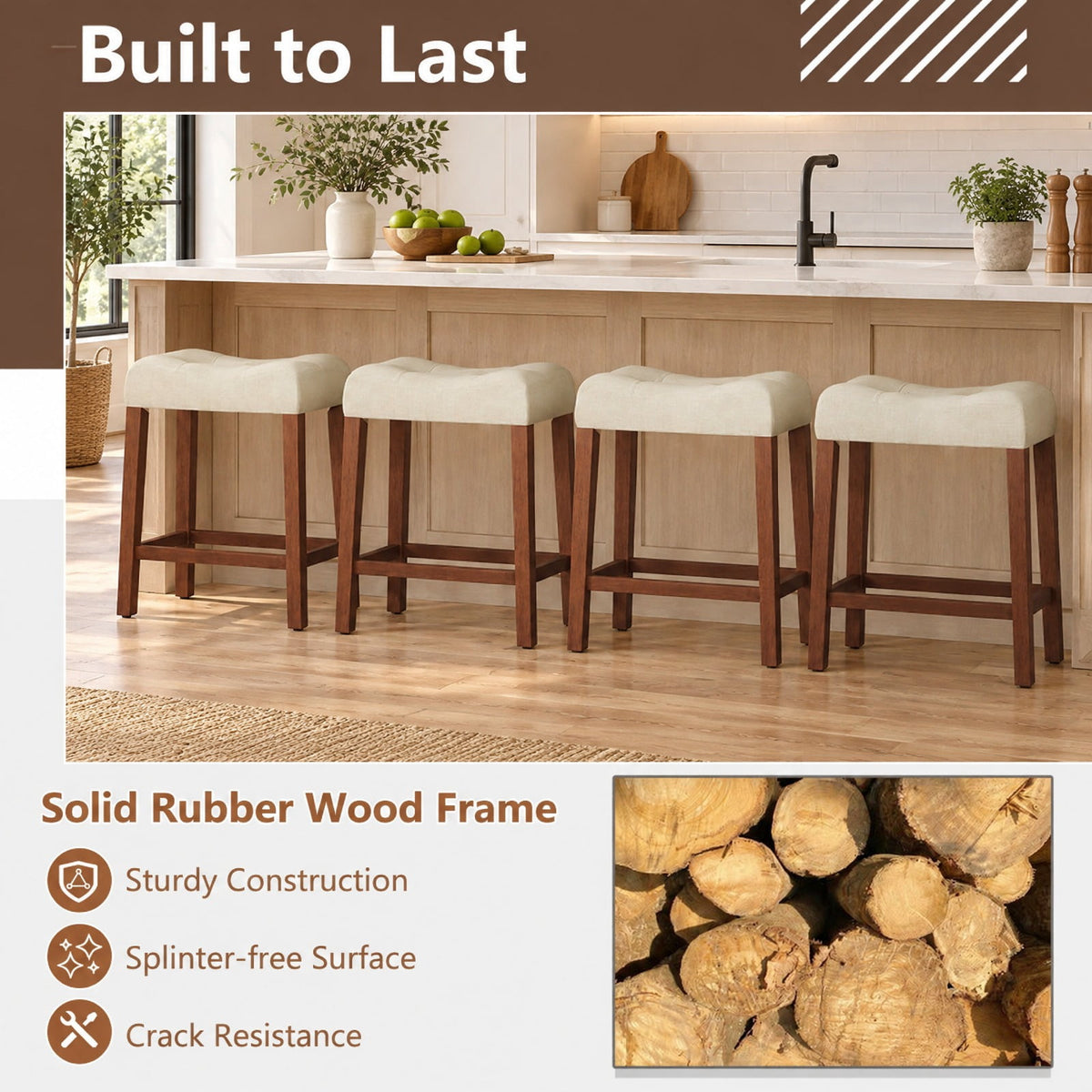 Airfind Set of 4 Upholstered Counter Height Bar Stool with Curved Saddle-seat, 330 Lbs Capacity, Rubber Wood MDF Fabric Sponge, Brown