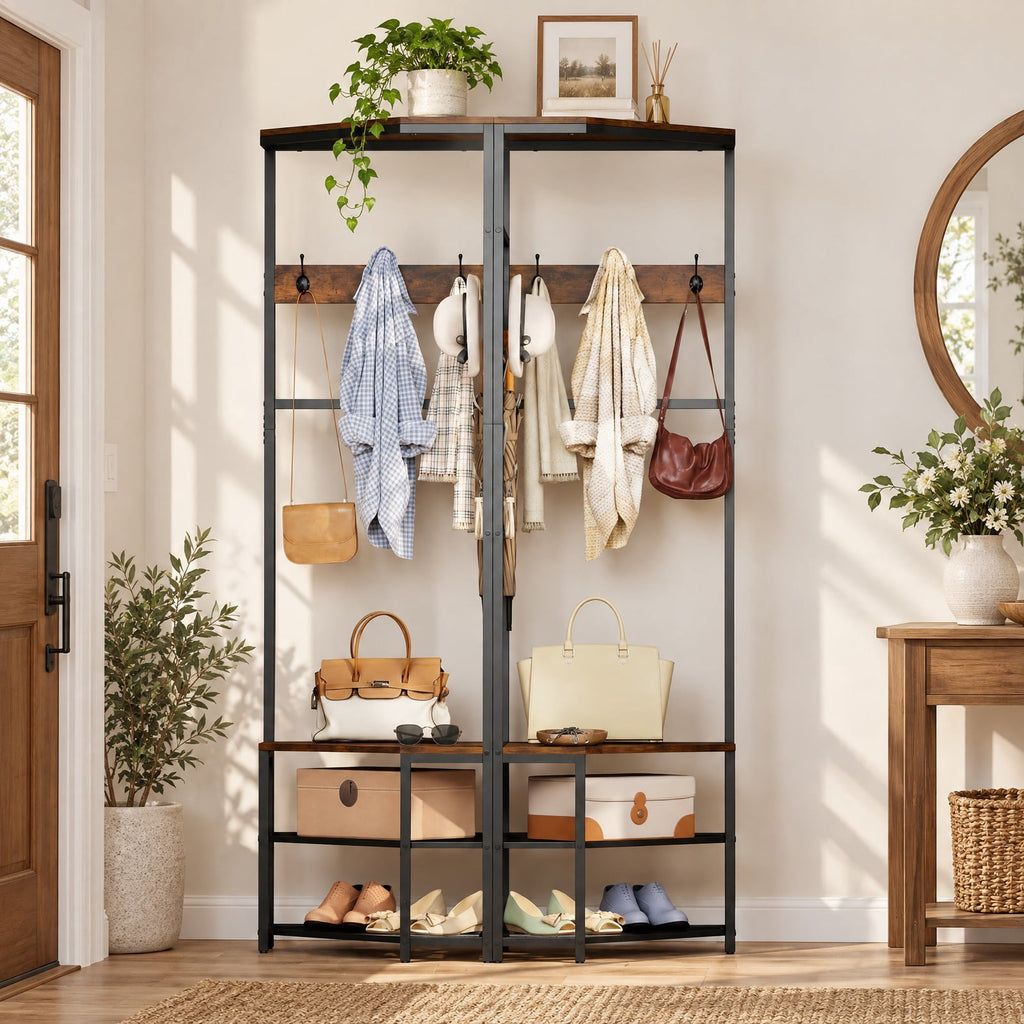 Airfind Corner Hall Tree Freestanding Coat Rack with Storage Shelves Removable Hooks, 220 lbs Capacity, Engineered Wood Metal Frame, Brown