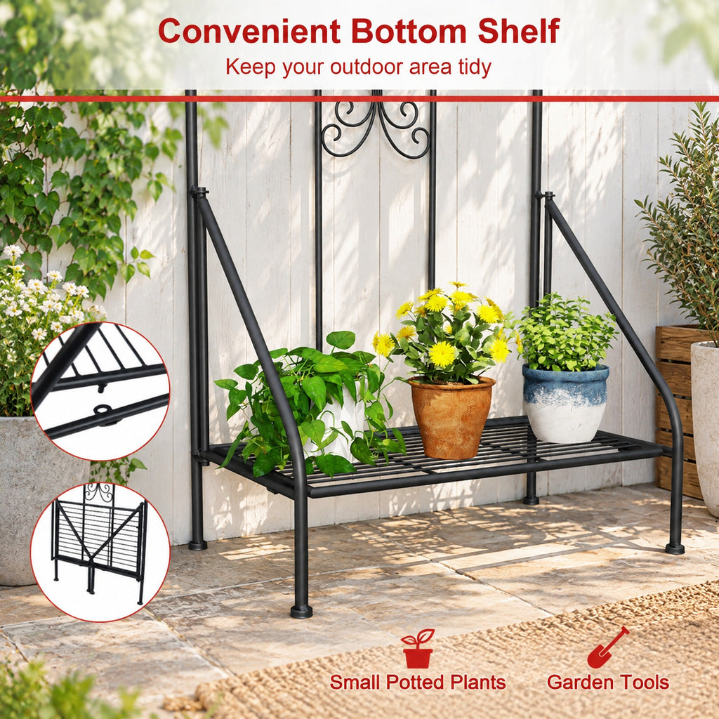 Airfind 75 x 20 Inch Outdoor Metal Garden Trellis with Foldable Bottom Shelf, 33 lbs Capacity, Metal Frame, 20 x 12 x 75 Footprint, Black